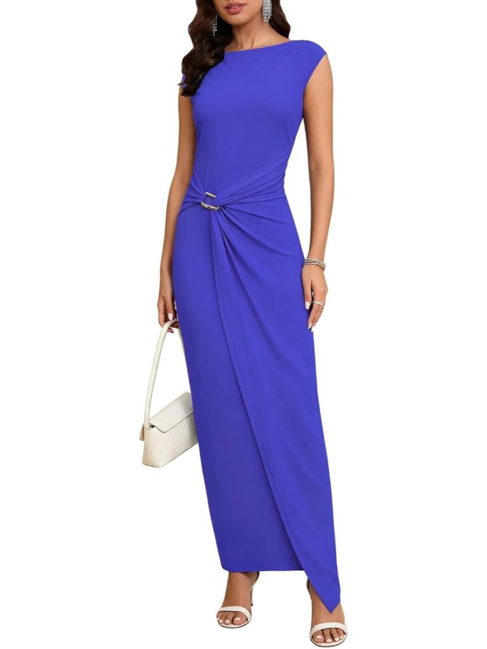 Women's Dark Blue Formal Bodycon Evening Gown Cap Sleeve Wedding Maxi Dresses